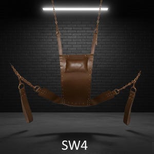 A brown leather swing chair suspended from chains. The chair has a rectangular back with a small pillow and two armrests. The text "SW4" is at the bottom.