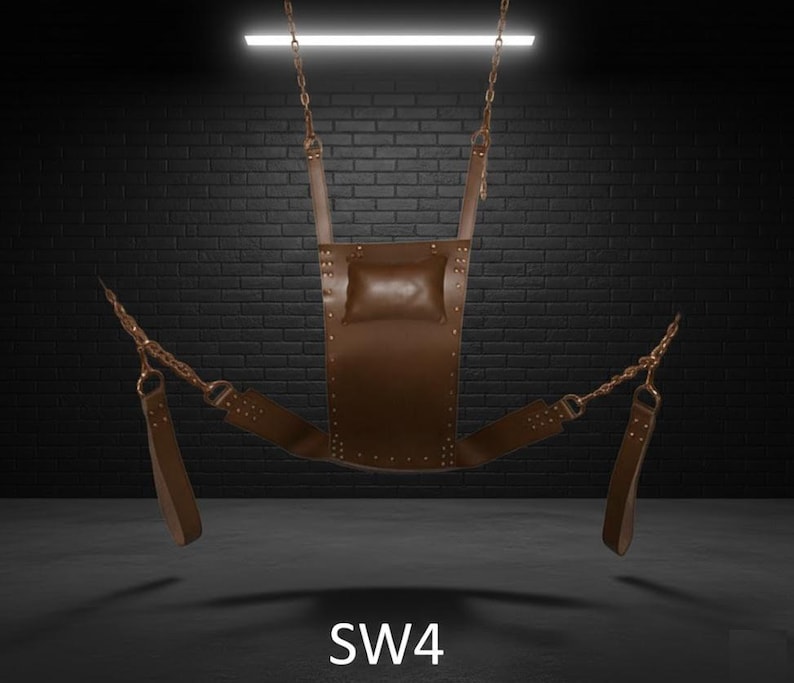A brown leather swing chair suspended from chains. The chair has a rectangular back with a small pillow and two armrests. The text "SW4" is at the bottom.