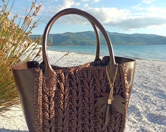 Bolso tote de rafia de ganchillo marrón con detalles de cuero – Bolso de hombro de verano