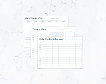 May include: Three white paper planners with teal text. The top planner reads "This Weeks Plan" with spaces for each day. The middle planner says "Todays Plan". The bottom planner says "This Weeks Schedule".