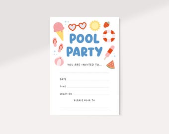 Pool Party Printable invitation, Fill In the blank invite, Summer Party Invite, Kids Birthday Invite, 5x7 DIGITAL DOWNLOAD