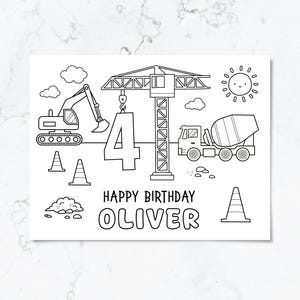 May include: A black and white coloring page featuring construction vehicles including an excavator, a crane lifting the number 4, and a cement mixer. The design includes traffic cones, clouds, a sun, and the text Happy Birthday Oliver.