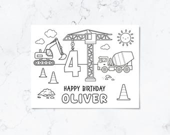 Personalised Construction Colouring Placemat Birthday | Kids Digger Party Activity Printable | Custom Name Age Coloring Sheets