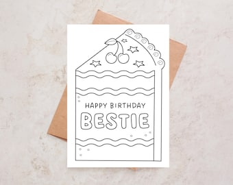 Printable Bestie Birthday Coloring Card | Colour in best friend card | DIY homemade card  | DIGITAL DOWNLOAD