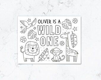 Personalised Wild One Jungle Coloring Placemat – First Birthday Party Color in Sheet Printable Activity (Digital Download)