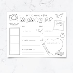 May include: A black and white school year memories worksheet with the text "My School Year Memories." Includes spaces for name, grade, and favorite activities, plus a camera and paper airplane illustration.