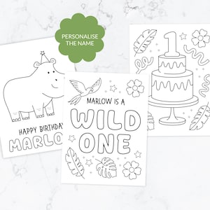 May include: Three white coloring pages with black outlines. One features a hippo in a party hat with the text HAPPY BIRTHDAY MARLOW. Another shows a two-tier cake with the number 1. The center page features a bird and the text MARLOW IS A WILD ONE.