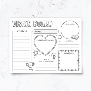 May include: A black and white printable vision board template featuring the title VISION BOARD, a section for goals, a name field, a heart for gratitude, a circle for learning, a scalloped square for future self, and icons of a trophy and lightbulb.