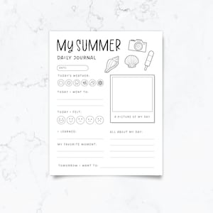 May include: A black and white printable daily journal page titled My Summer Daily Journal. It features line art icons of a camera, seashells, and a popsicle. Sections include date, weather, location, feelings, learned, favorite moment, and a photo frame.