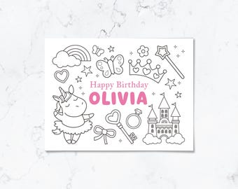 Personalized Printable Birthday Coloring placemat: Unicorn Party Activity sheet | Custom name party favor