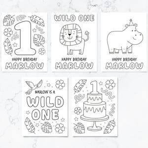 May include: Five black and white coloring pages for a first birthday. Designs include a large number one, a lion, a hippo, a bird with the text MARLOW IS A WILD ONE, and a tiered cake. Each page features the name MARLOW and HAPPY BIRTHDAY.