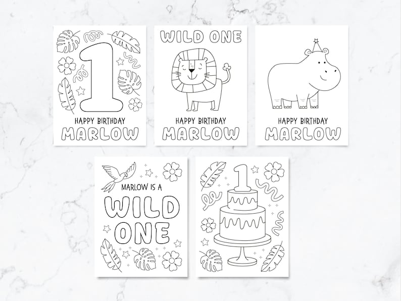 May include: Five black and white coloring pages for a first birthday. Designs include a large number one, a lion, a hippo, a bird with the text MARLOW IS A WILD ONE, and a tiered cake. Each page features the name MARLOW and HAPPY BIRTHDAY.