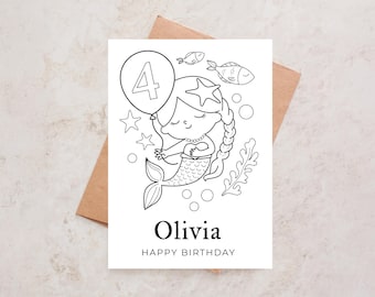Personalised Mermaid Birthday Coloring card: Under-the-sea themed Color-in card | Colour your own card Printable (Digital Download)