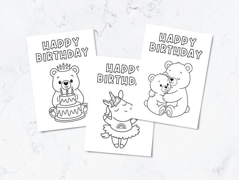 6 Printable Coloring Birthday Cards, Set of 6 Cute Animal Cards, Kids ...