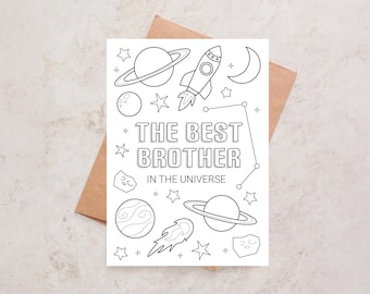 Happy Birthday Brother Space themed Card | Best brother in the universe Color-In DIY greetings card (Digital Download)
