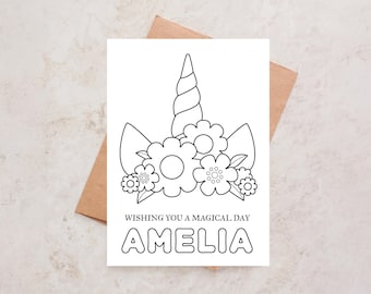 Personalized Unicorn Birthday Coloring card: DIY Girls Happy Birthday card | Printable (Digital Download)