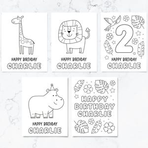 May include: Five rectangular colouring pages featuring black and white line art. Designs include a giraffe, a lion, a number two with tropical leaves, a hippo wearing a party hat, and floral patterns. Each page displays the text Happy Birthday Charlie.