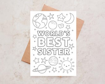 Happy Birthday Sister Space themed Card | Best sister in the world Color-In DIY greetings card (Digital Download)