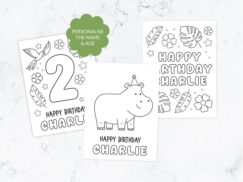 May include: Three white rectangular colouring pages with black line art. One page features a large number 2, a parrot, and flowers. Another shows a hippo wearing a party hat. The third displays the text HAPPY BIRTHDAY CHARLIE with tropical leaves.