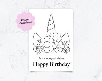 Happy Birthday Sister Unicorn coloring card |  Unicorn Party card for Little sis | Printable (Digital Download)