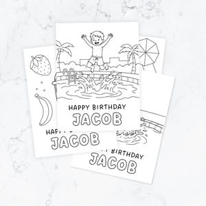 Personalized Birthday Pool party coloring sheets | Printable Summer themed Party Favors, activity sheets for craft tables (Digital Download)