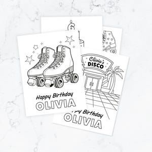 Printbare kleurplaten voor een rolschaatsfeestje | Gepersonaliseerde verjaardagskleurplaten | Rolschaatsfeestactiviteit
