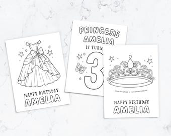 May include: Three white coloring pages with black outlines. One shows a ballgown with the text Happy Birthday Amelia. Another features the number 3, a butterfly, and Princess Amelia Is Turning. The third shows a tiara with Happy Birthday Amelia.