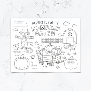 May include: A black and white colouring page titled Harvest Fun at the Pumpkin Patch featuring a scarecrow, a barn, a wagon filled with pumpkins, a squirrel, and various activities including naming the scarecrow and counting the pumpkins.