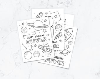 Personalized Space Birthday Coloring Sheets – Astronaut themed Party Activity Pages Colour in for kids parties (Digital Download)