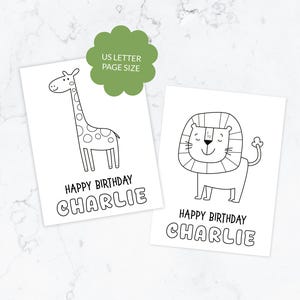 May include: Two white rectangular birthday cards featuring black line art illustrations of a giraffe and a lion. Each card displays the text HAPPY BIRTHDAY CHARLIE. A green scalloped circle badge states US LETTER PAGE SIZE.