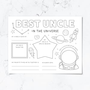 May include: Black and white fill-in-the-blank style card with the text "BEST UNCLE IN THE UNIVERSE". Includes space-themed illustrations of a rocket, planet, and astronaut, with prompts to personalize.