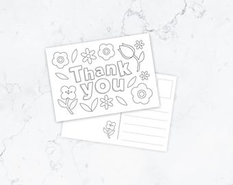 Tarjeta de agradecimiento para colorear imprimible / Tarjeta de agradecimiento para colorear DIY / Descarga instantánea / 2 diseños por página / Reverso de la tarjeta opcional