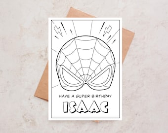 Personalized Spiderman Coloring Birthday Card | Printable Superhero card for boys |  Spidey mask DIY Activity card (Digital Download PDF)