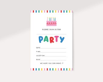 Blank Birthday Party Invite •  Kids Fill in Birthday invitation | DIY Printable 5x7 (PDF)
