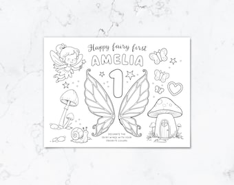 Personalised Fairy First Birthday Coloring placemat Custom Name, Fairy 1st Birthday Party Activity Sheet, Printable Kids Coloring Page