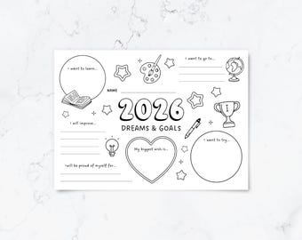 Hoja para colorear de propósitos de Año Nuevo 2026 para niños y adolescentes / Planificador de objetivos imprimible y hoja de trabajo para tablero de visión
