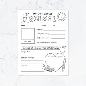 May include: Black and white printable end-of-school-year reflection sheet. The sheet includes prompts for name, grade, teacher, and reflections on the school year. Features a sun, stars, apple, book, and crayon illustrations.