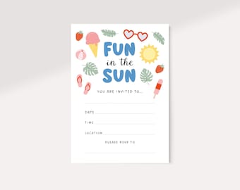 Summer Party Invitation Printable, Fill In Template, Pool Party Invite, Kids Birthday Invite, 5x7