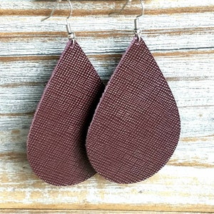 Leather Earrings wine merlot burgundy saffiano leather handmade by Hammered Love Letters