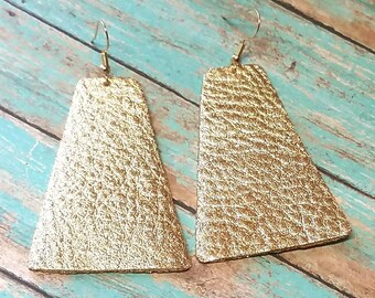 Leather Earrings gold gem shape leather Medium handmade by Hammered Love Letters