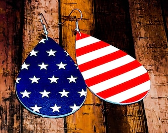 Leather earrings stars and stripes patriotic Memorial Day 4th of July, flag, USA