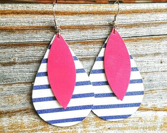 Leather earrings teardrop doubles white with blue stripes and hot pink leaf handmade by Hammered Love Letters