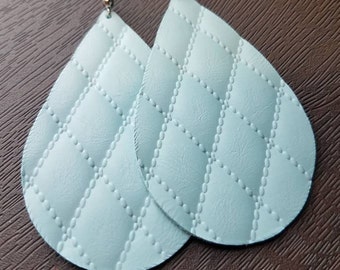 Leather earrings baby blue quilted pattern pick your size