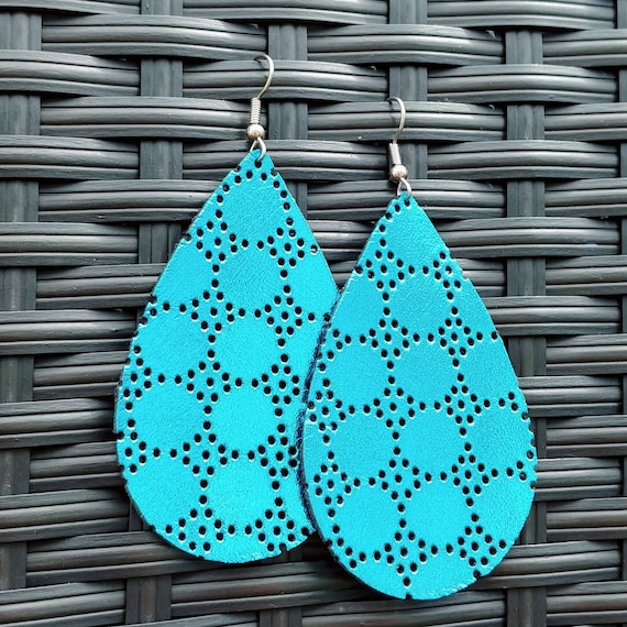 Leather teardrop earrings turquoise metallic swiss dot pick your size