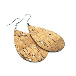 Cork earrings silver teardrop vegan Natural cork with silver accents pick your size