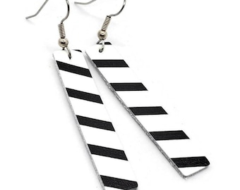 Leather earrings bar earrings strip earrings black and white striped handmade by Hammered Love Letters