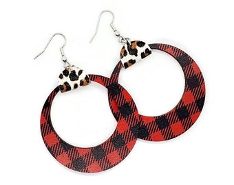 Wood and leather hoop earrings red buffalo plaid with leopard **Limited Quantity**