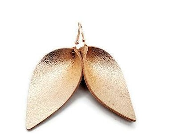 Leather earring rose gold Zia magnolia leaf folded leaf rose gold metallic leather earrings handmade