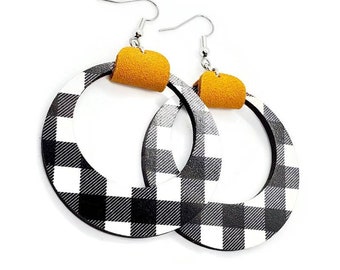 Wood and leather hoop earrings white buffalo plaid with mustard accent **Limited Quantity**