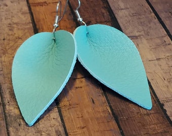 Leather earrings Zia Joanna style magnolia leaf folded leaf robin egg blue leather earrings handmade